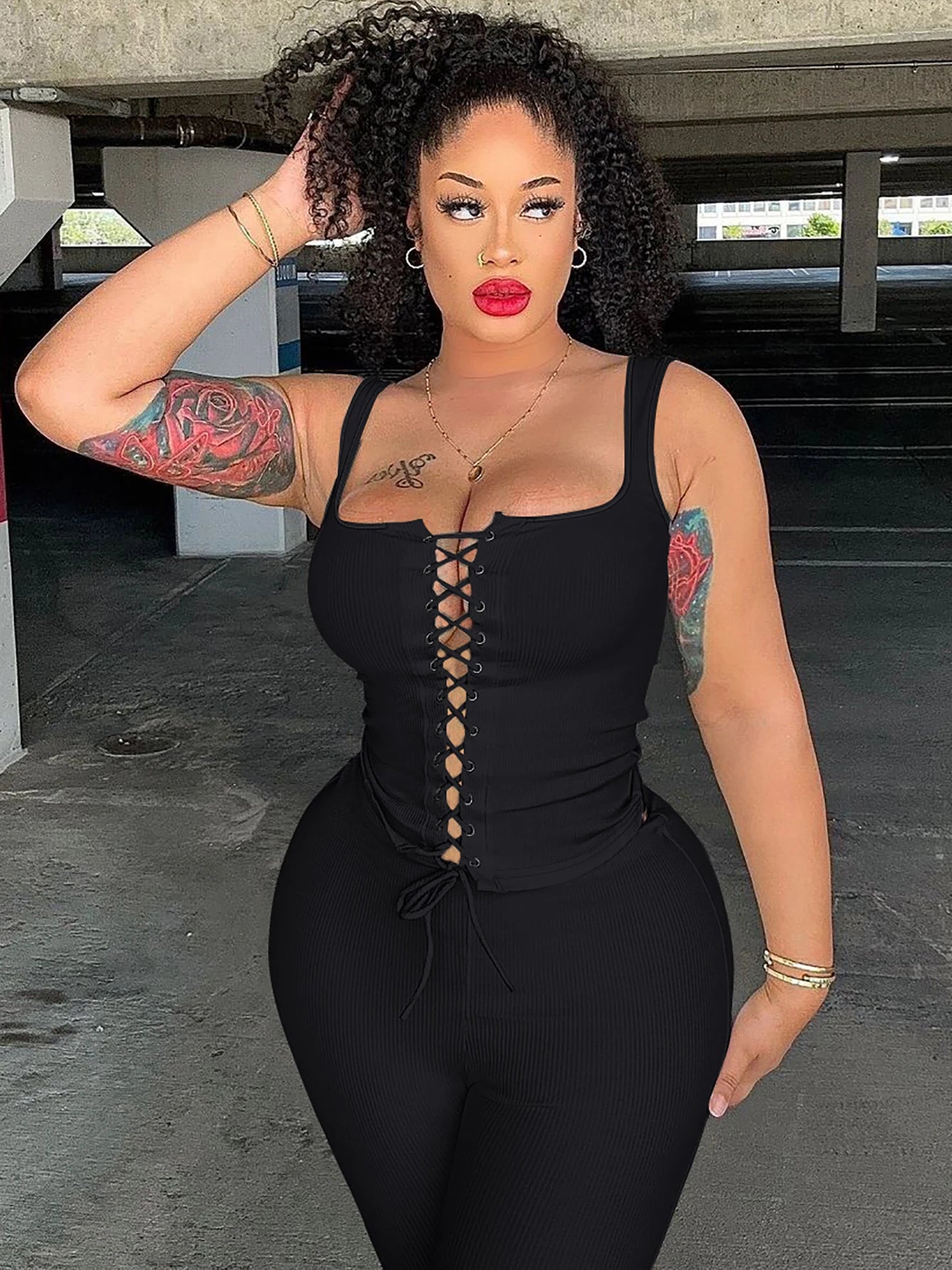Ribbed Lace Up Crop Corset Shorts Matching Set