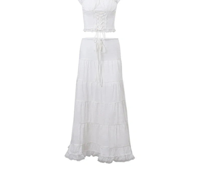 Lace Patchwork Tank Top With Low-waist Draw-string Long Skirt French Two Piece Sets
