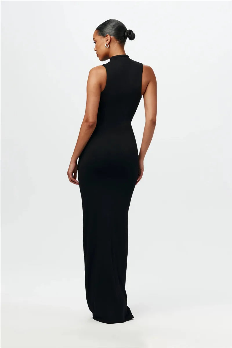 Half High Collar Irregular Tank Dress Sleeveless Bodycon Ruched Long Dress