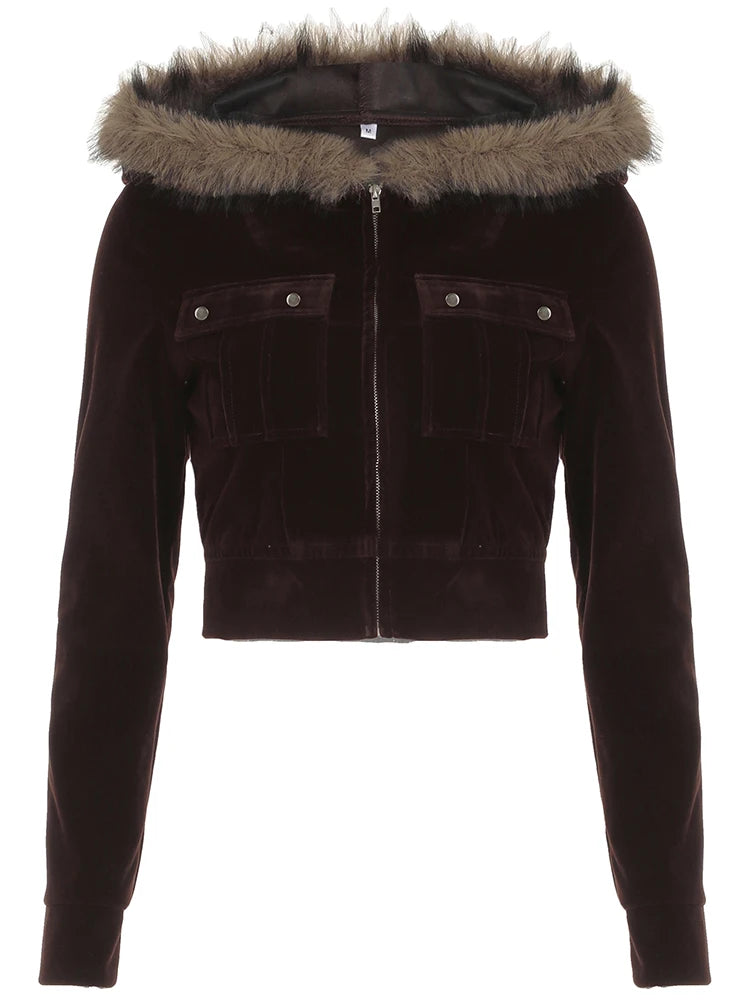 Pockets Fur Collar Short Jackets Zip Up Hoodies Coats