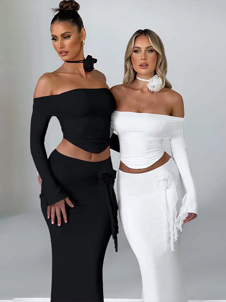 3D Flower Off Shoulder Crop Top Maxi Skirt Set