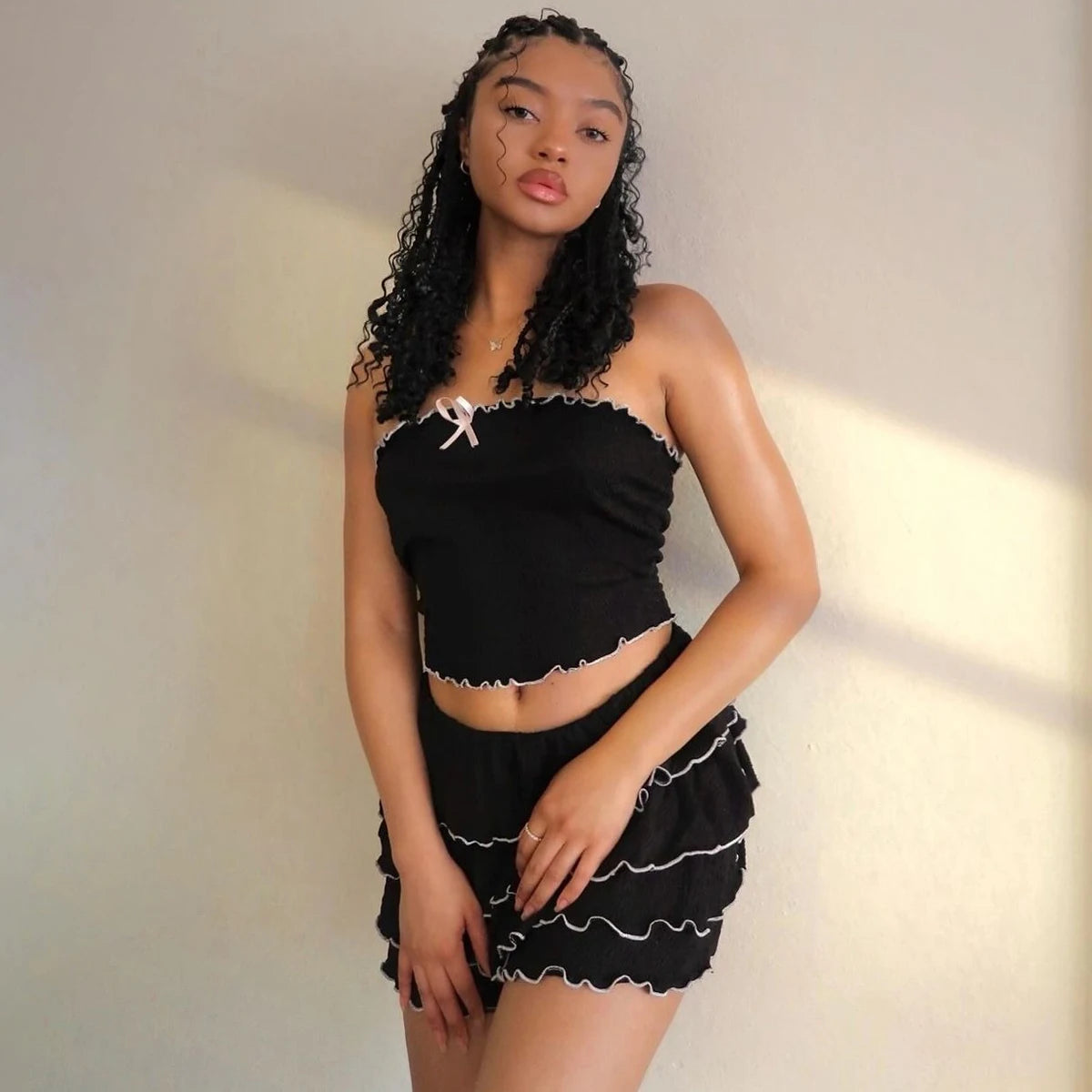 2 Pcs Sets Black Bow Strapless Crop Tank Top Pleated Skirts Festiv