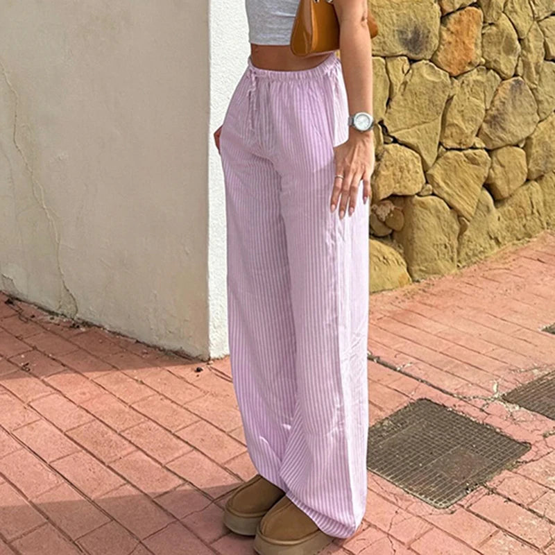Striped Print Loose Trousers Lace-up Joggers Baggy Pants Bottoms