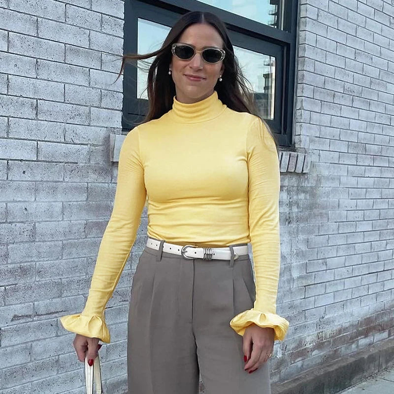 Slim Fit Half Turtleneck Crop Top Ruffl Long Sleeve T Shirt Top