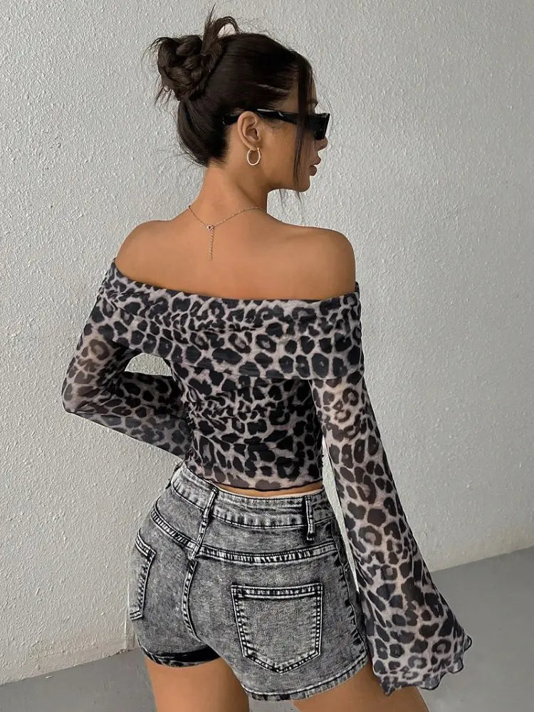 Leopard Print Long Sleeve Mesh Ruched Slim Crop Tshirt Top 2024