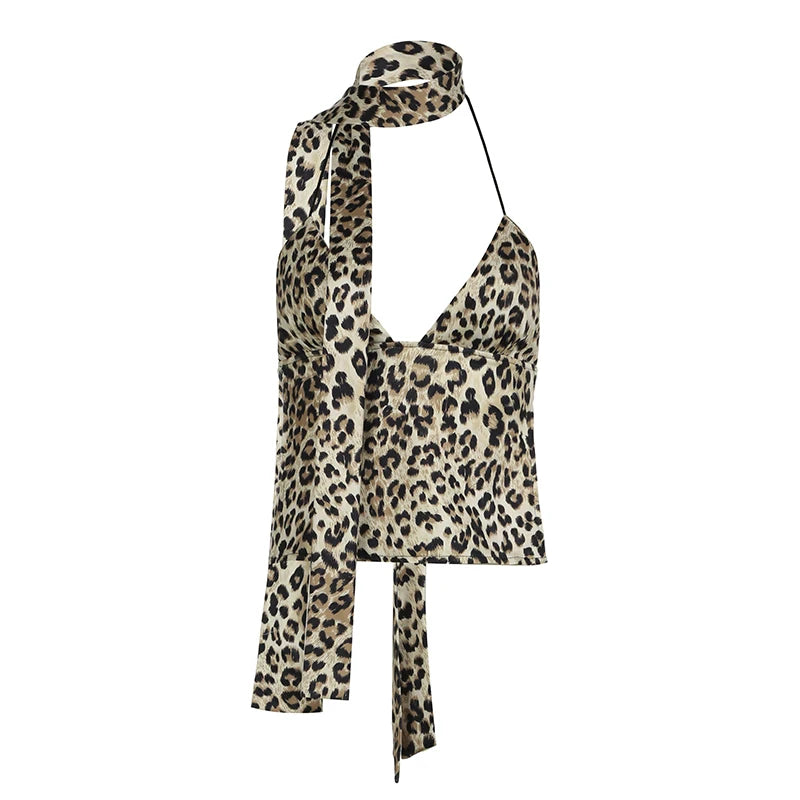 Backless Leopard Camisoles Lace-up Halter Neck