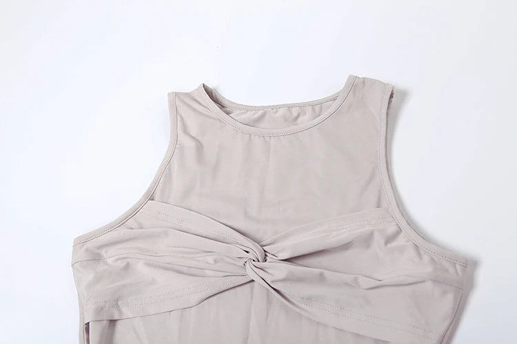 Ruched Knot Dress Chest Wrap Long Ribbon Solid o-Neck Street Stretch Sleeveless