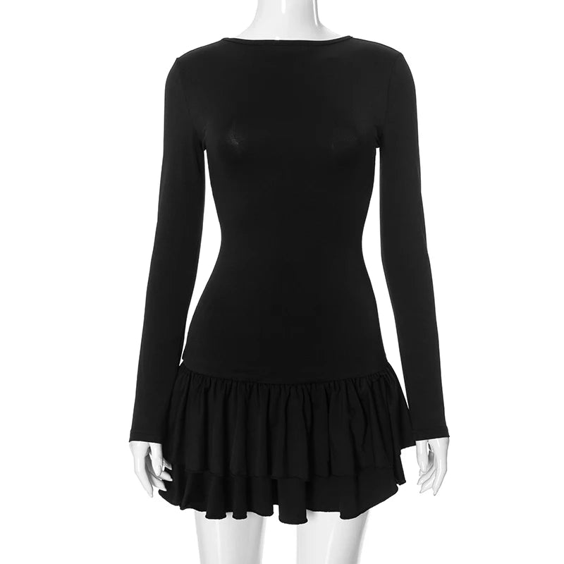 Round Neck Long Sleeve Dress Hem Pleat Deign Mini Dress
