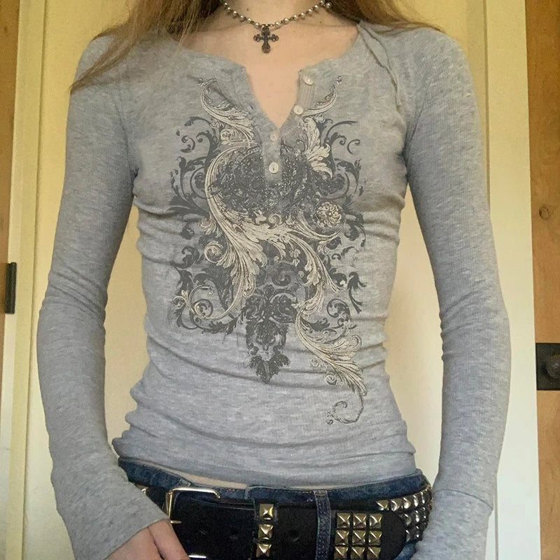 Graphic Slim Top Tee Long Sleeve Crewneck Grey Fairycore Shirt