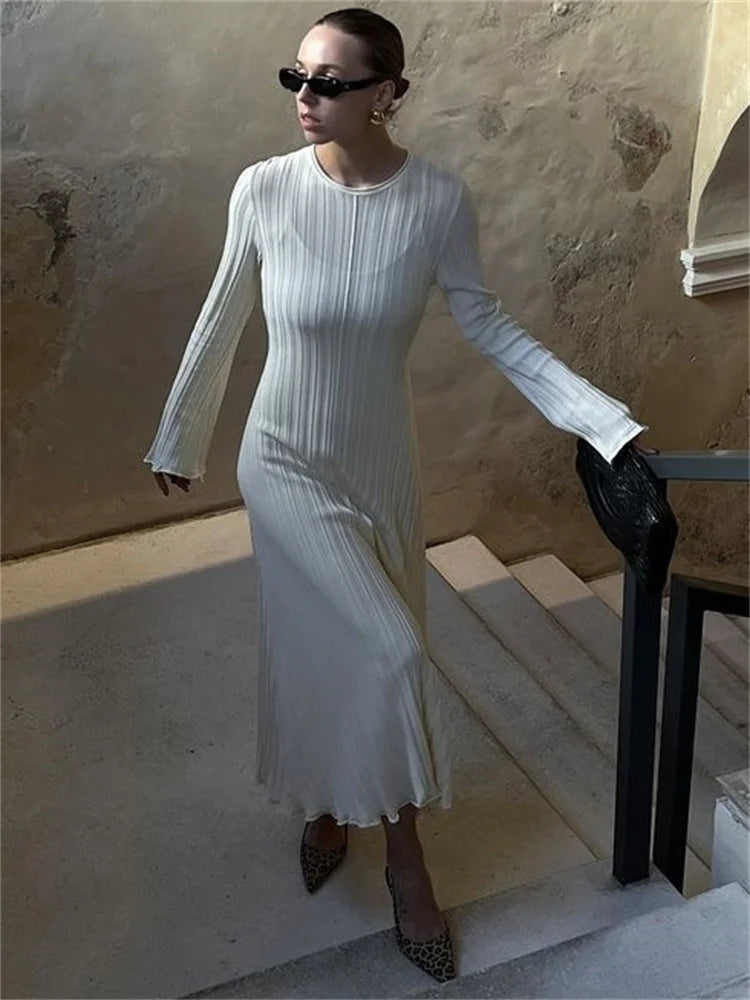 Knit Loose Maxi Dress Lace-Up High Waist Ribbed Long Sleeve Dress Knit Long Dress