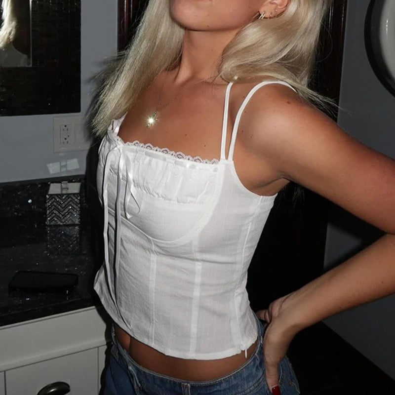 Slim Lace-up Cropped Shirts Sleeveless White Camisoles