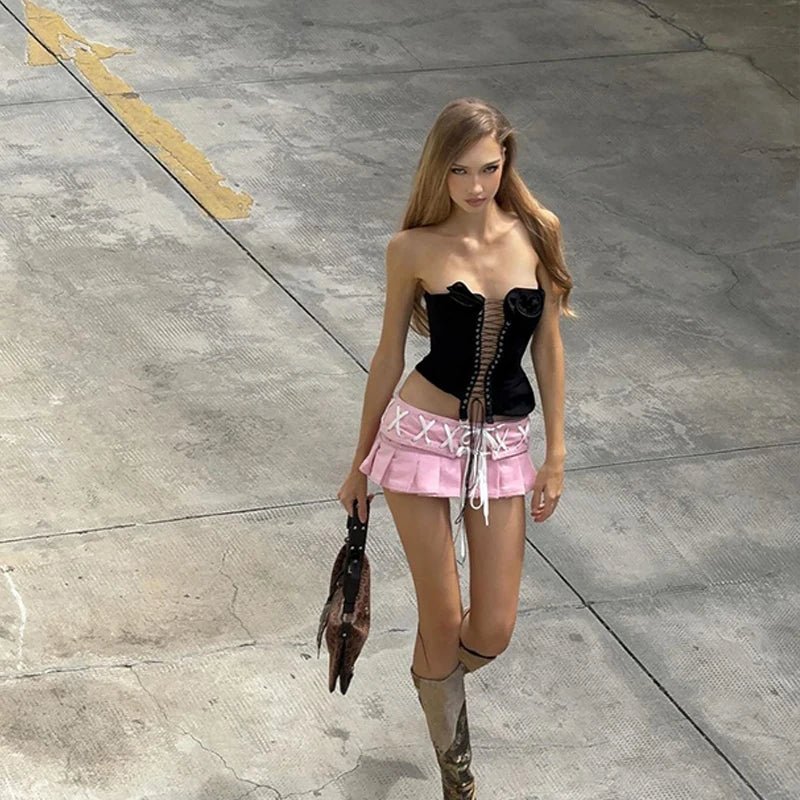 3D Flower Cross Corset Bra Y2k Soild Irregular Sleeveless Tank Top for Street