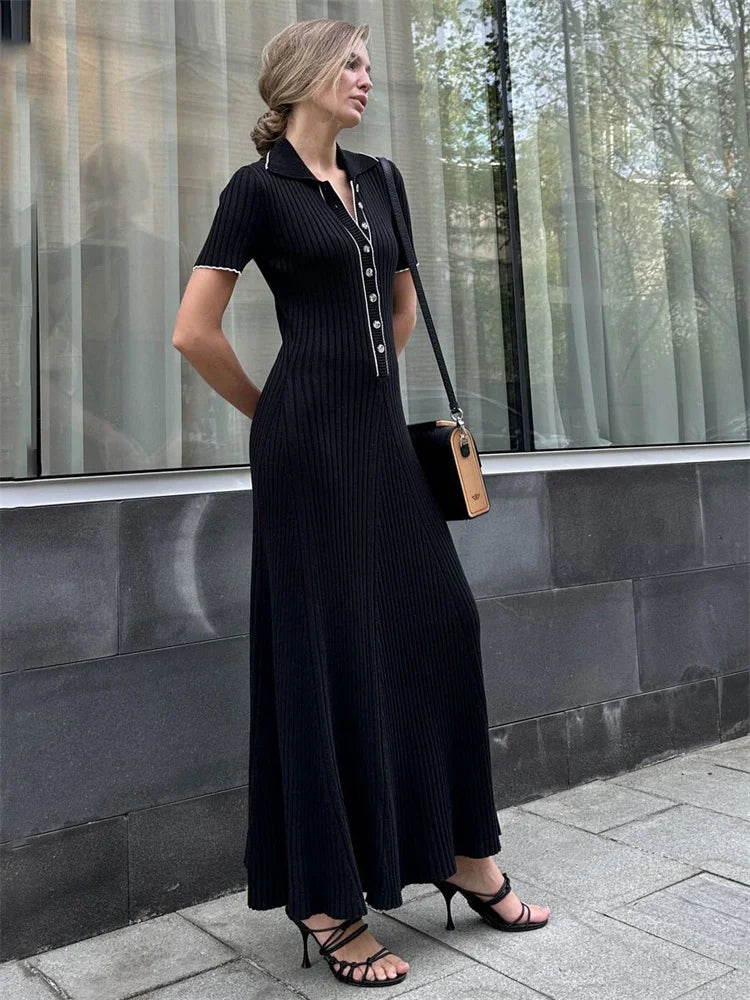 White Knit Maxi Dress Short Sleeve Patchwork Dress Lapel High Waist Knit Dress