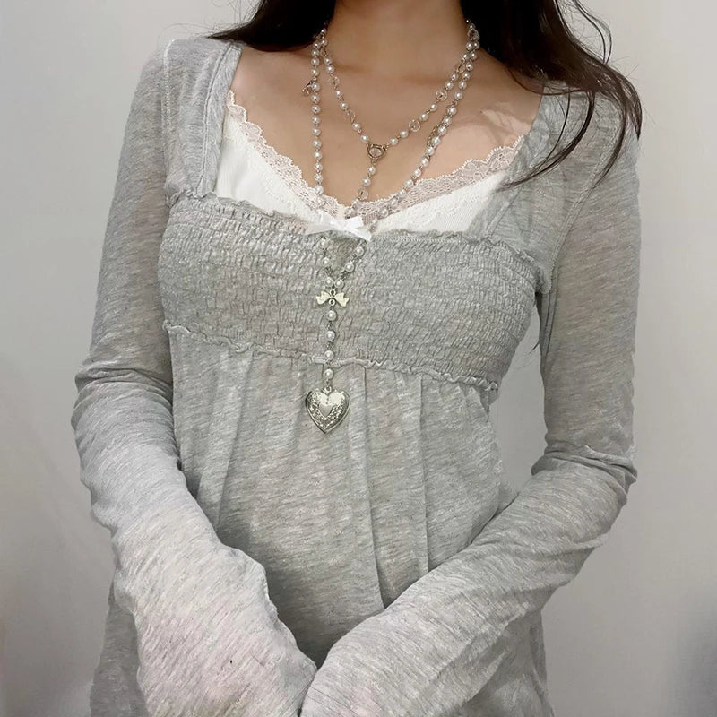 Lace Patchwork Square Collar T-Shirts Long Sleeved Top