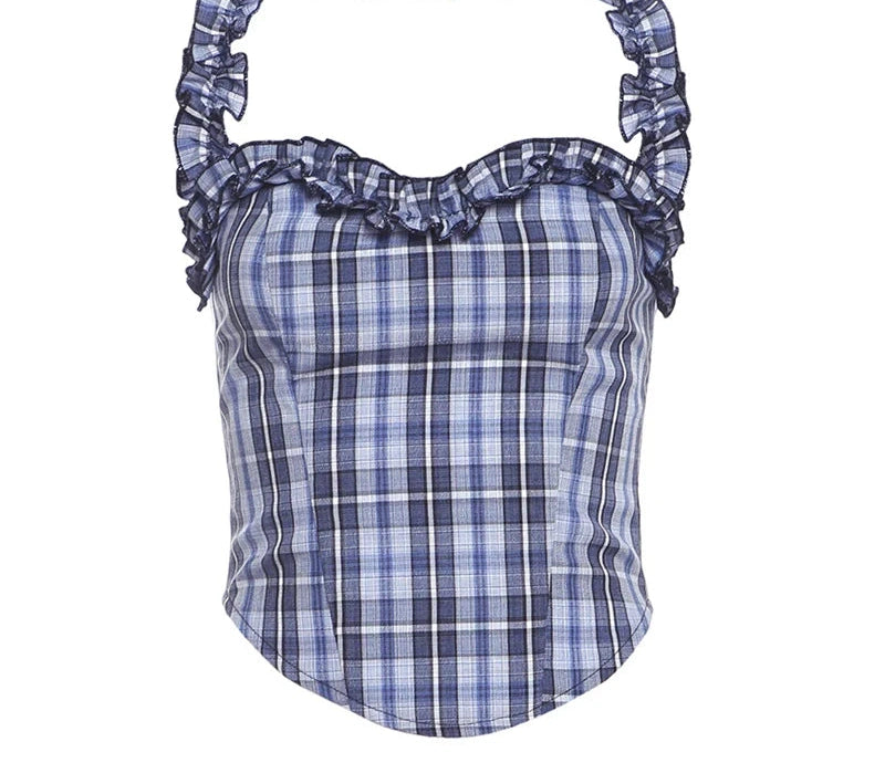 Plaid women Ruffled Edges Halter Low-Neck Backless Sleeveless High ity Mini Top