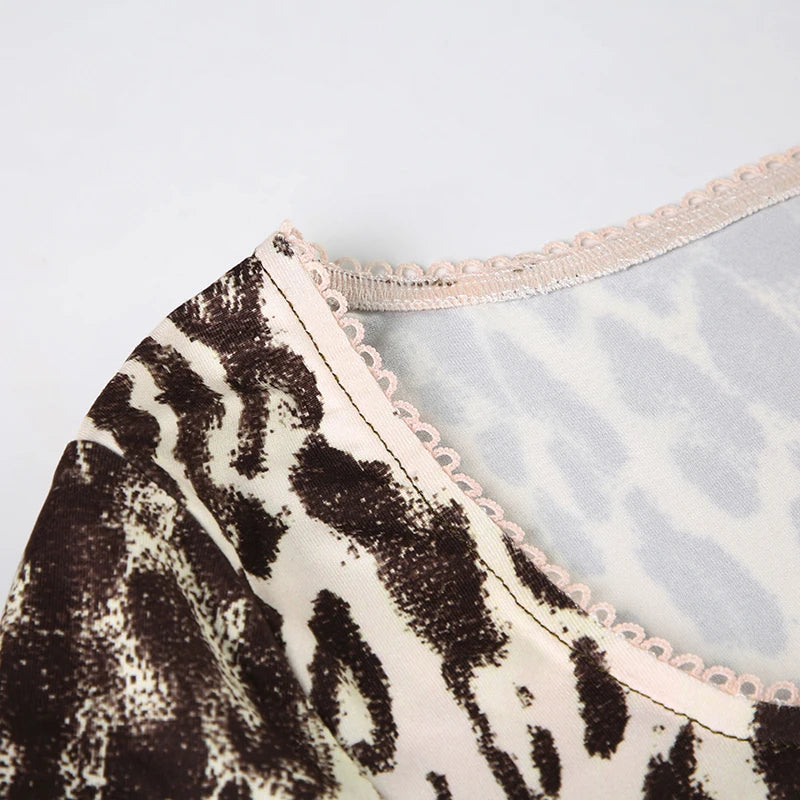 Leopard Print 's Top Tee Lace Patchwork Brown Slim Shirts Long Sleeves Crewneck