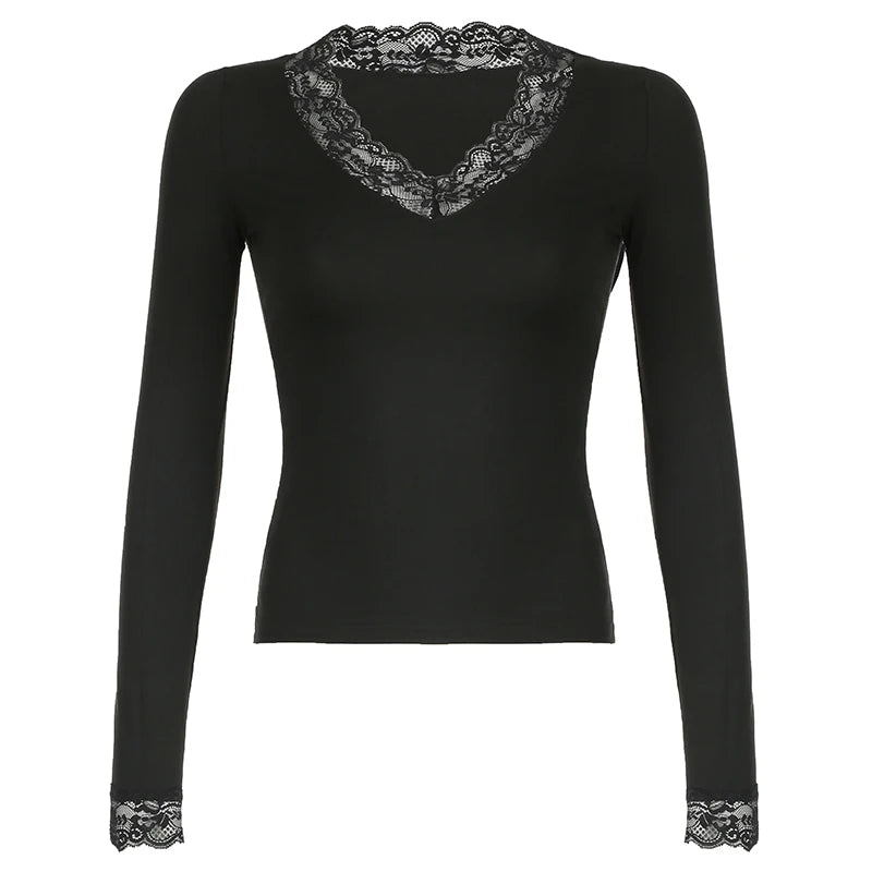Lace Patchwork Slim Tee Shirt Long Sleeve V-neck Black Top
