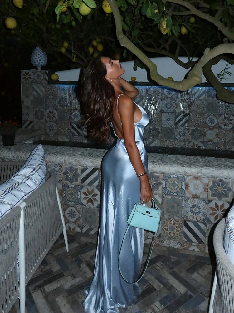 Applique Silky Dress Low-Neck Backless Sleeveless Ruched Robe