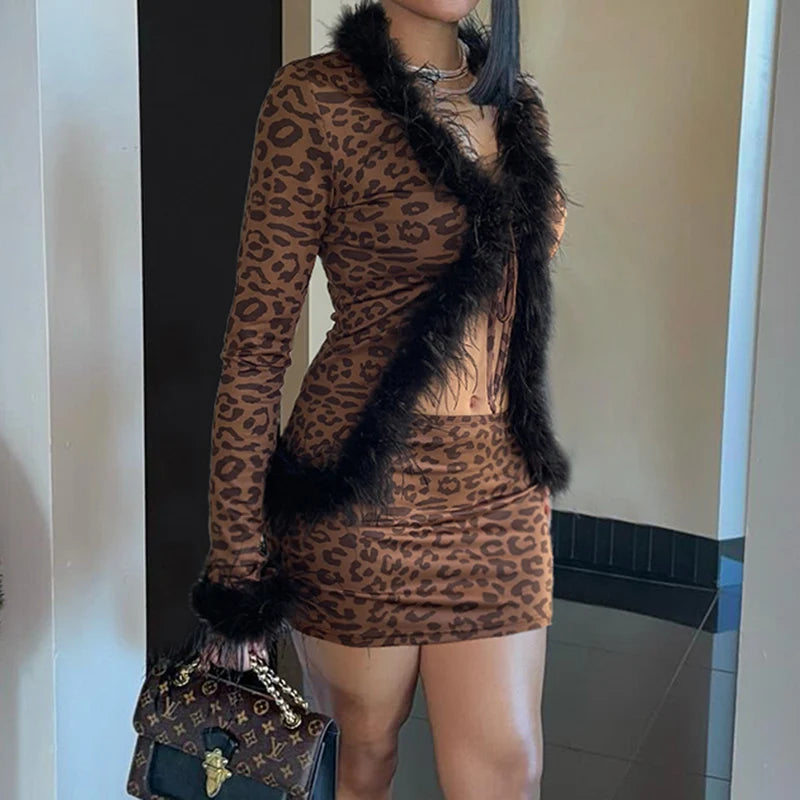Leopard Print Two Pieces of Sets 's Lace-up Coats and Mini Skirts Long Sleeved