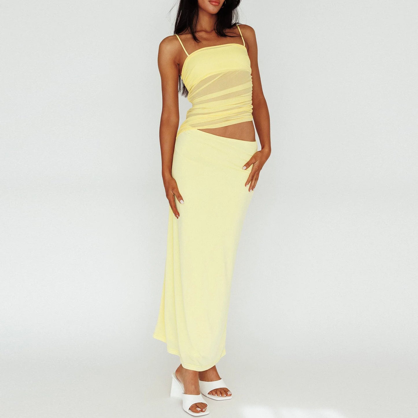 2 Piece Skirts Color Mesh Irregular Sleeveless Cami Top Long Skirts Set