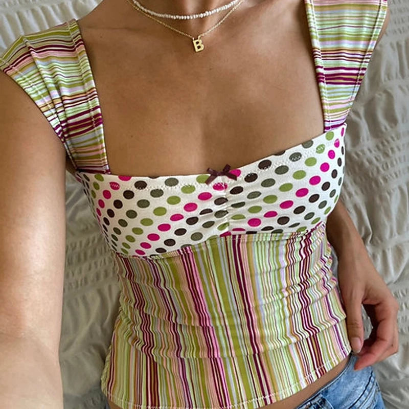 Cottage Bow Trim Milkmaid Crop Top Plaid/Stripes Square Neck Tank Tops Backless Slim Fit Shirts Vest