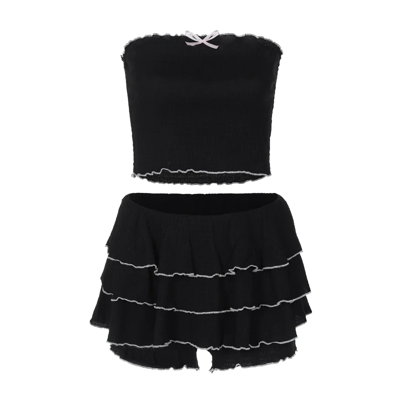2 Pcs Sets Black Bow Strapless Crop Tank Top Pleated Skirts Festiv