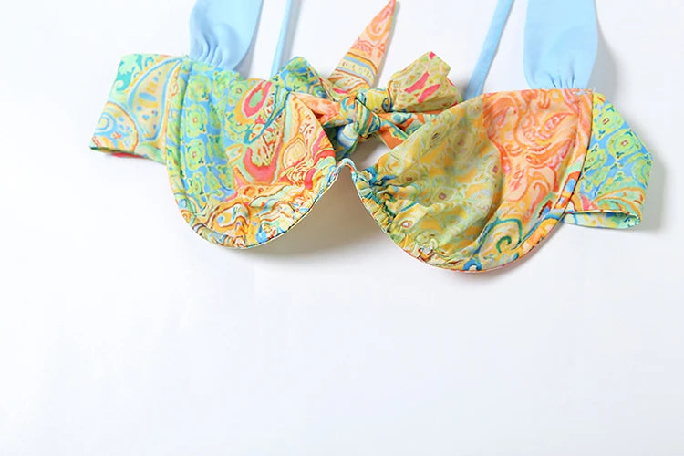 Two Piece Set Colorful Print Bra Top High-Waist Hollow Maxi Skirt Matching