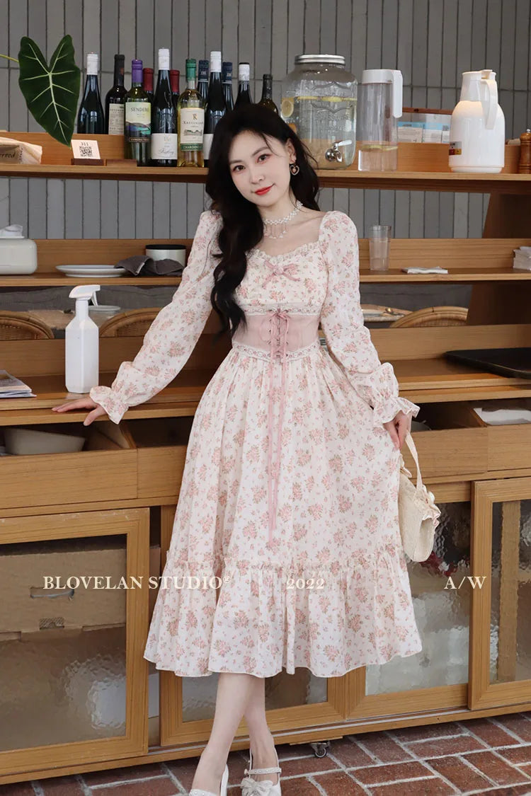Spring Pink Floral Dress Bandage Lace Print Dress Puff Sleeve Kawaii Dress Princess Fairy