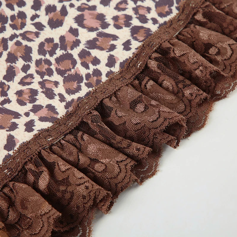 Leopard Print Camisole Backless Lace Patchwork Sleeveless Top Bustiers