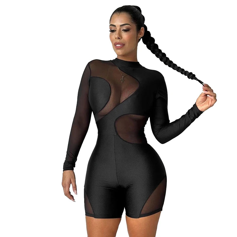 See Through Meh Patchwork Black Playuit O-Neck Long Sleeve Ruch Skinny Caaul Romper