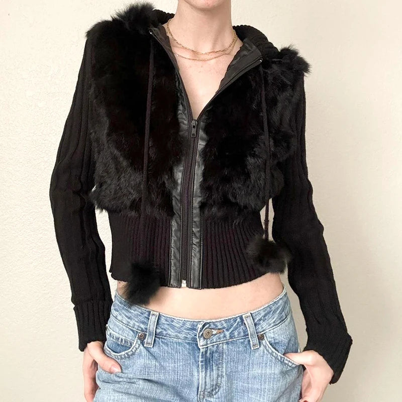 Zip Up Fur Patchwork Drawstring Hoodie Coats 's Jackets