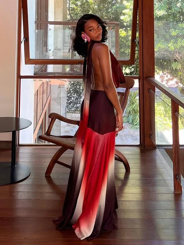 Contrat Patchwork Maxi Dress Halter Deep V-neck Backless Long