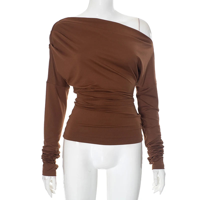 Slant Neck Off Shoulder Ruffle Wait Short Top T-Shirt Top