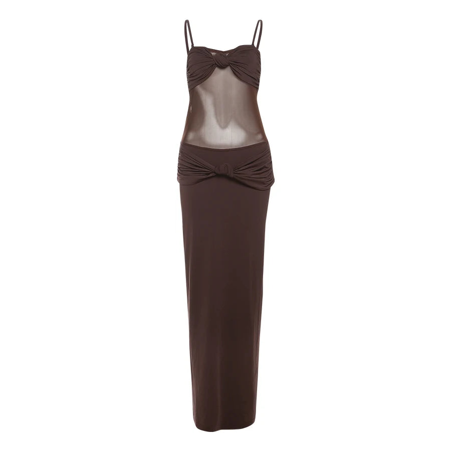 Knot Chest Wrap Dress Ruched Mesh Patchwork Sleeveless Stretch