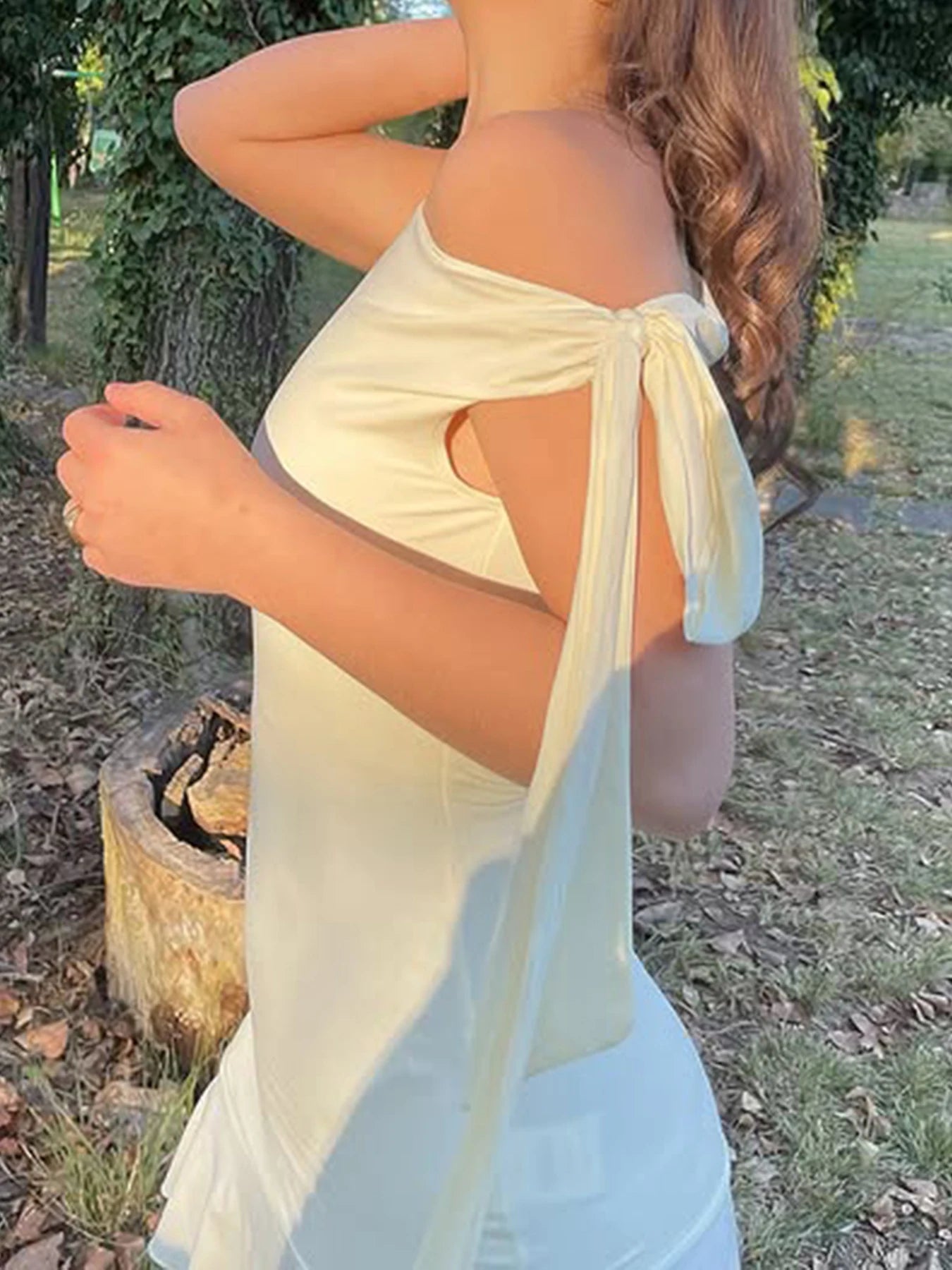Lace Up Straps Sleeveless Ruffles Dress Slim Asymmetrical 's Mini Dress