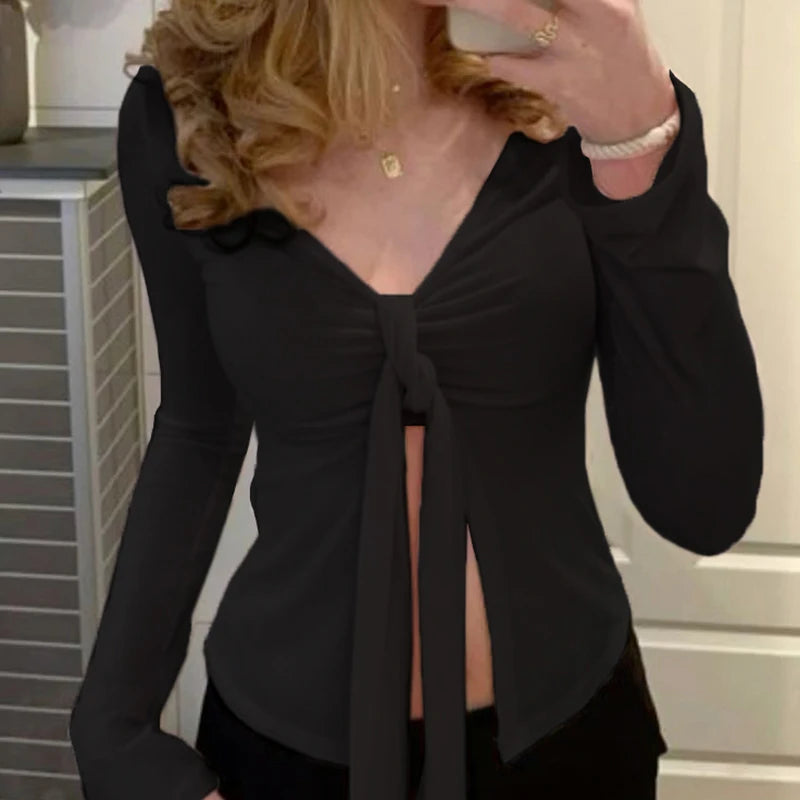 Front Lace-up Black Shirt Long Sleeve