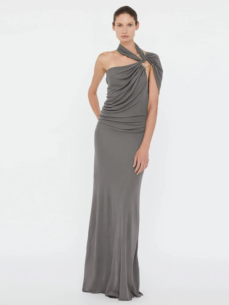 Aymmetrical Maxi Dress Unique Metal Splice Incline Shoulder Skinny Long