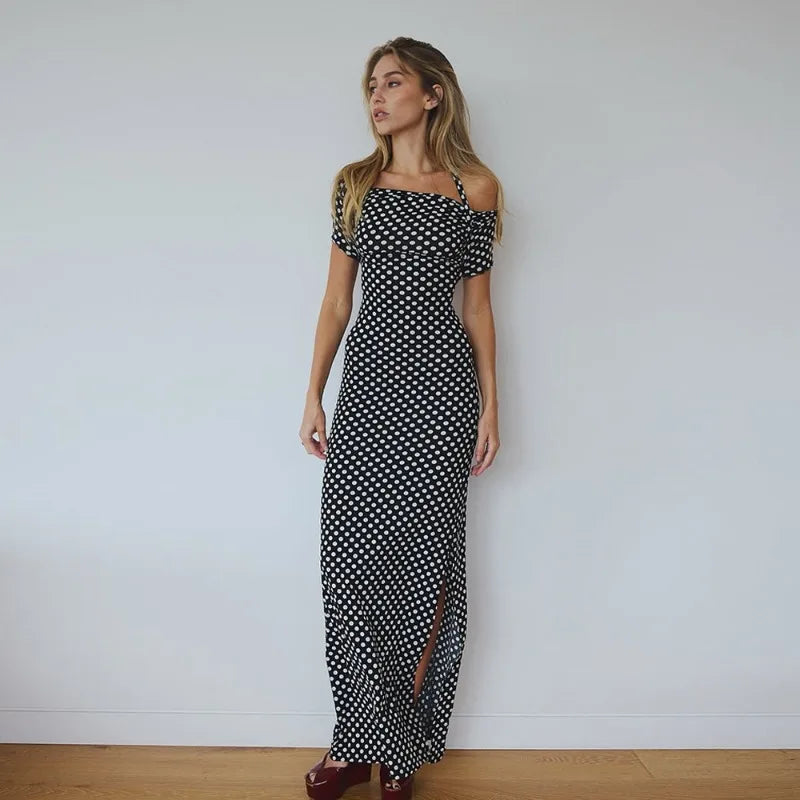 Black Polka Dot Backless Split Maxi Dress