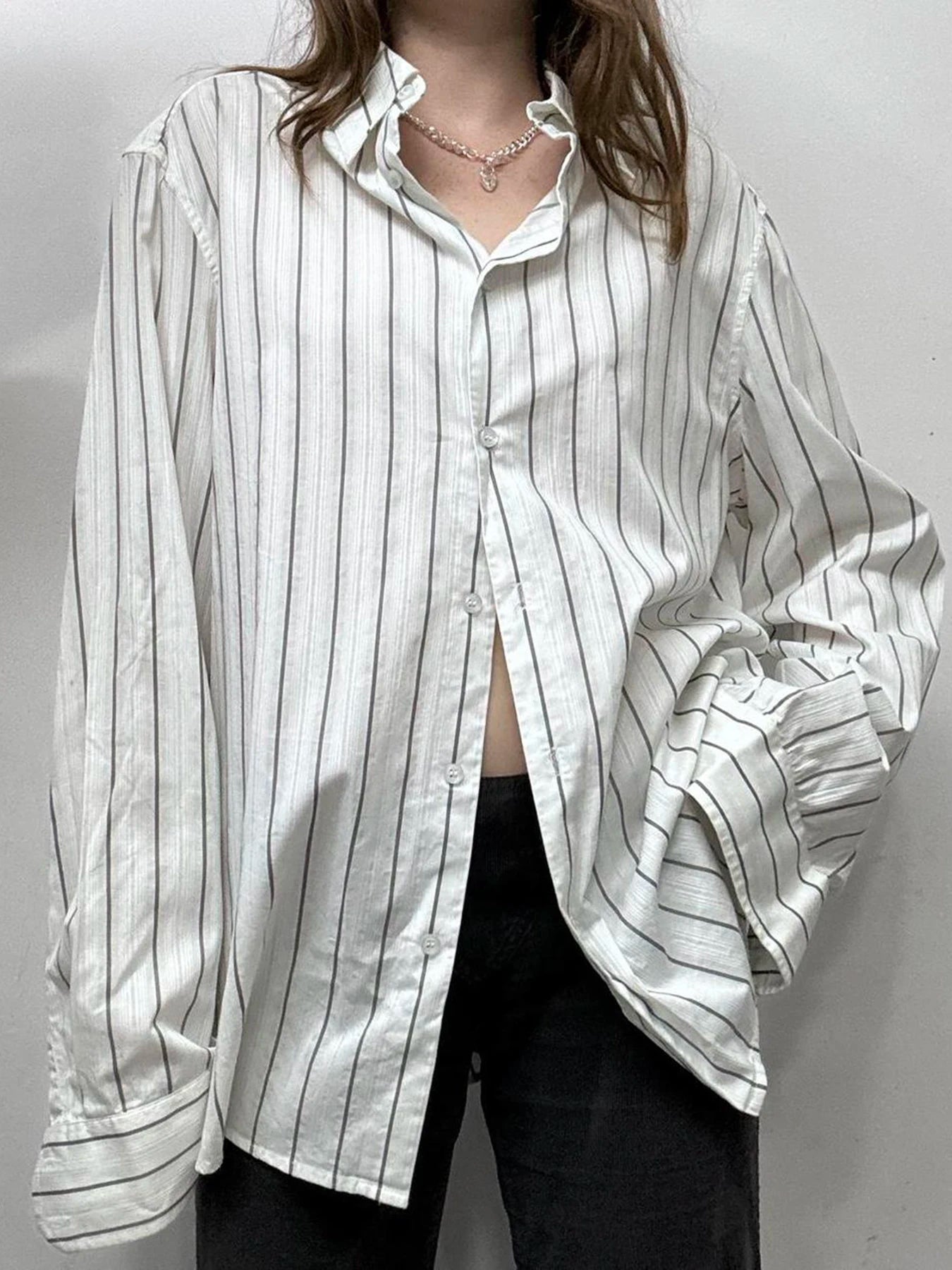 Striped Print Loose Shirt Single-breasted Oversized Blouses Turn-down Neck Top