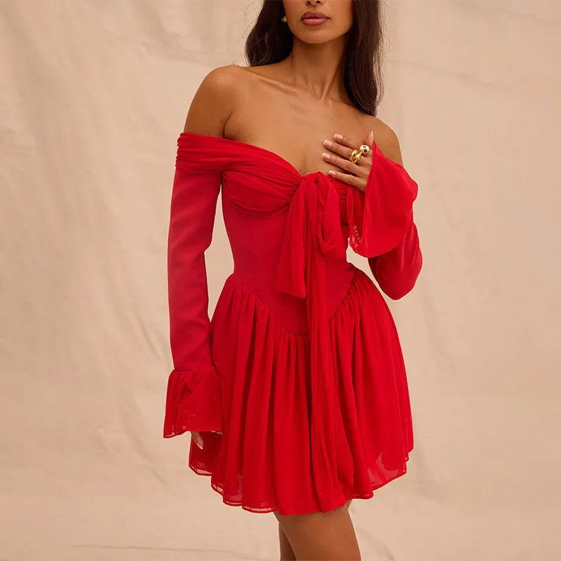 Strapless Backless Mini Dress For Red Off-shoulder Long Flare Sleeve Pleated Dress