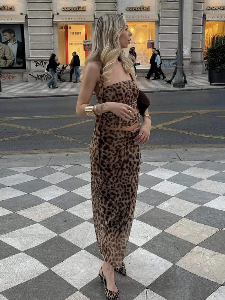 Leopard Dress Straple Pleat Body-haping Maxi Scraf