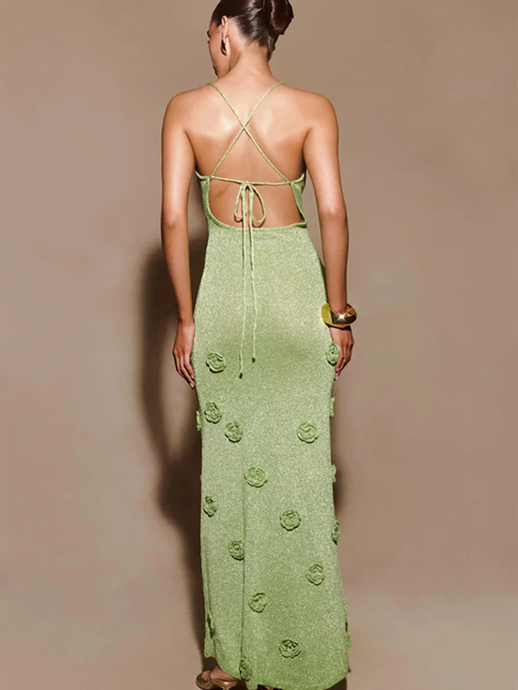 Knitted Backless 3D Flowers Dress Green Spaghetti Strap Long Dress