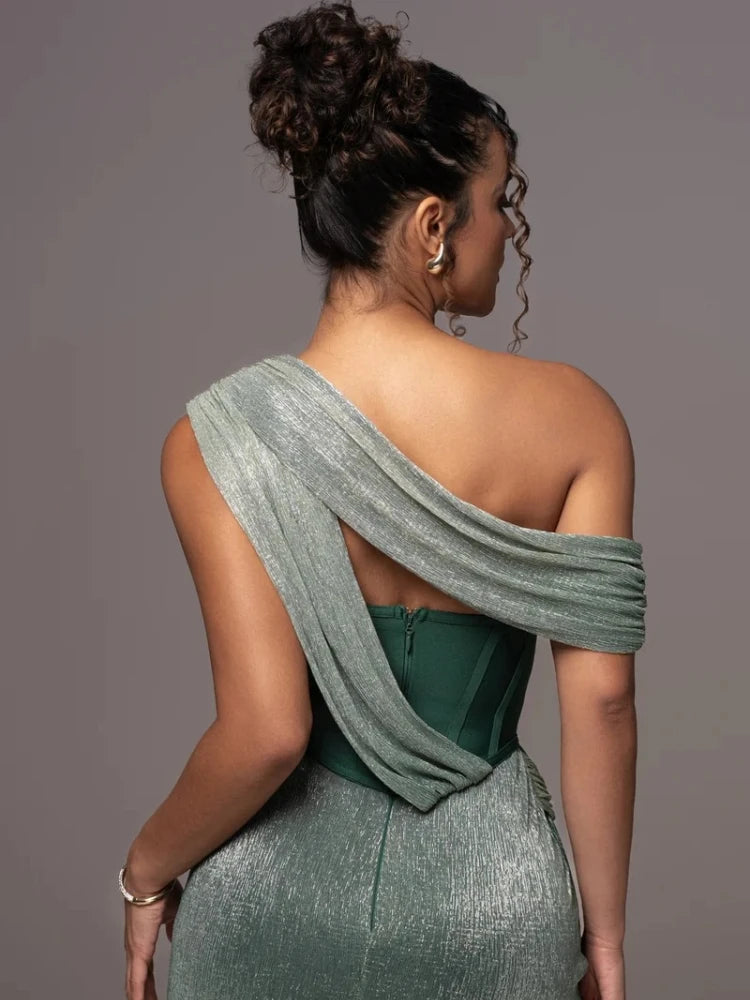 One Shoulder Draped Glitter Long Dress Brown Corset Sparkly Backless Bodycon Maxi Dresses Evening Gowns
