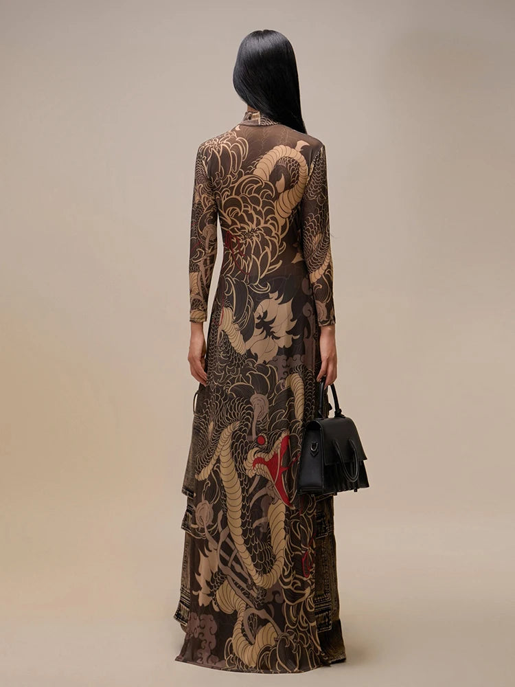 See Through Blouse Snake Print Half-High Neck Long Sleeves High Slits High Elasticity Long Top