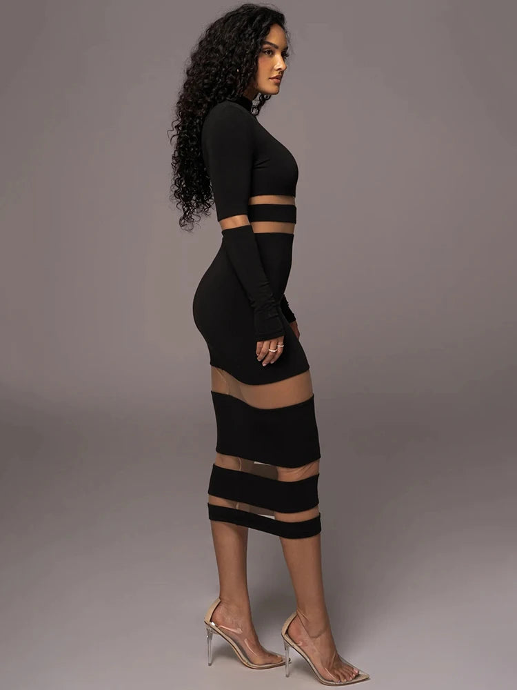 Patchwork Bodycon Midi Dress Turtleneck Long Sleeve Dress