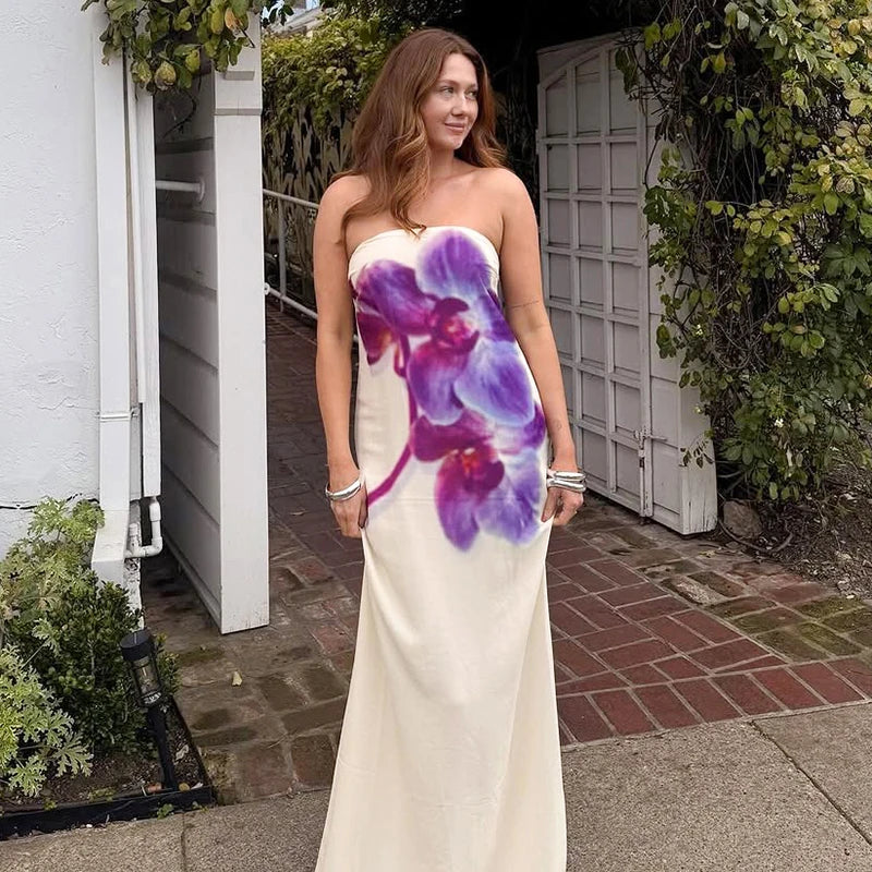'S Floral Print Long Dress Strapless Sleeveless Backless Slim Dress Long Dress