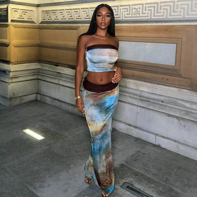 One Shoulder Halo Strapless Top High Waist Long Wrap Skirt Set Sets