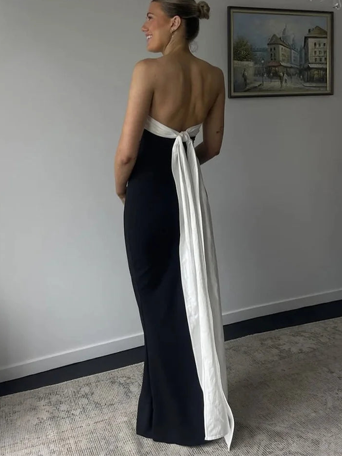 Black White Patchwork Dress Chest Wrap Extra-Long Tassel Backless