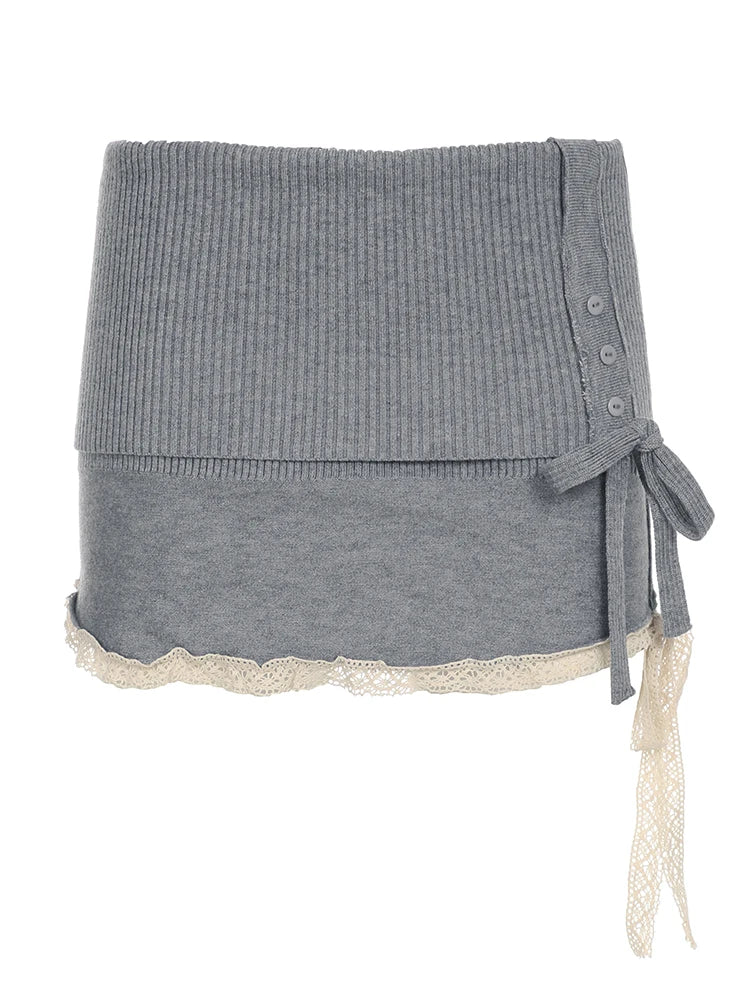Preppy Button Lace Mini Skirts Bottoms Slim Bottoms