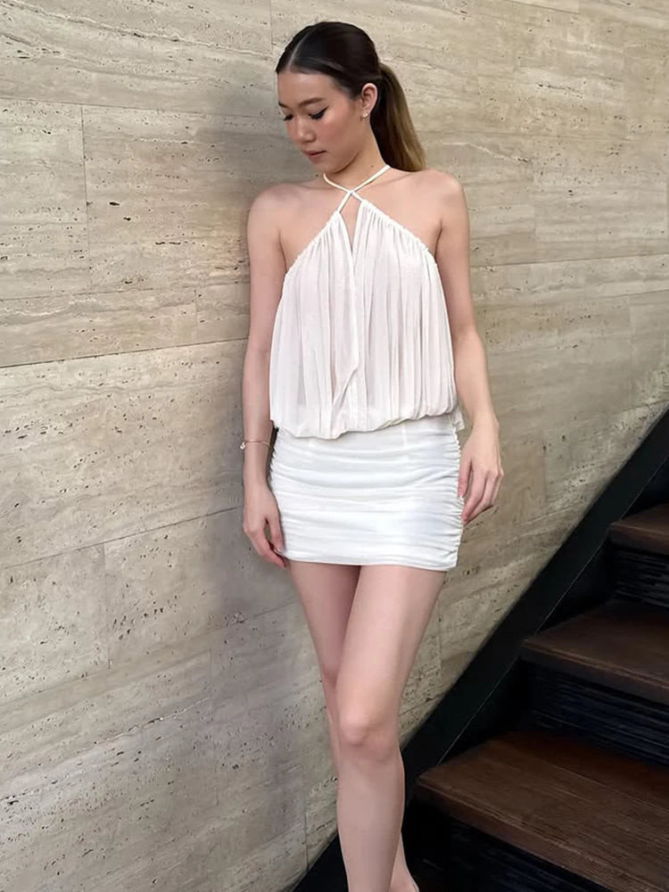 Ruched Mesh Dress Backless Draping Strapless Bodycon